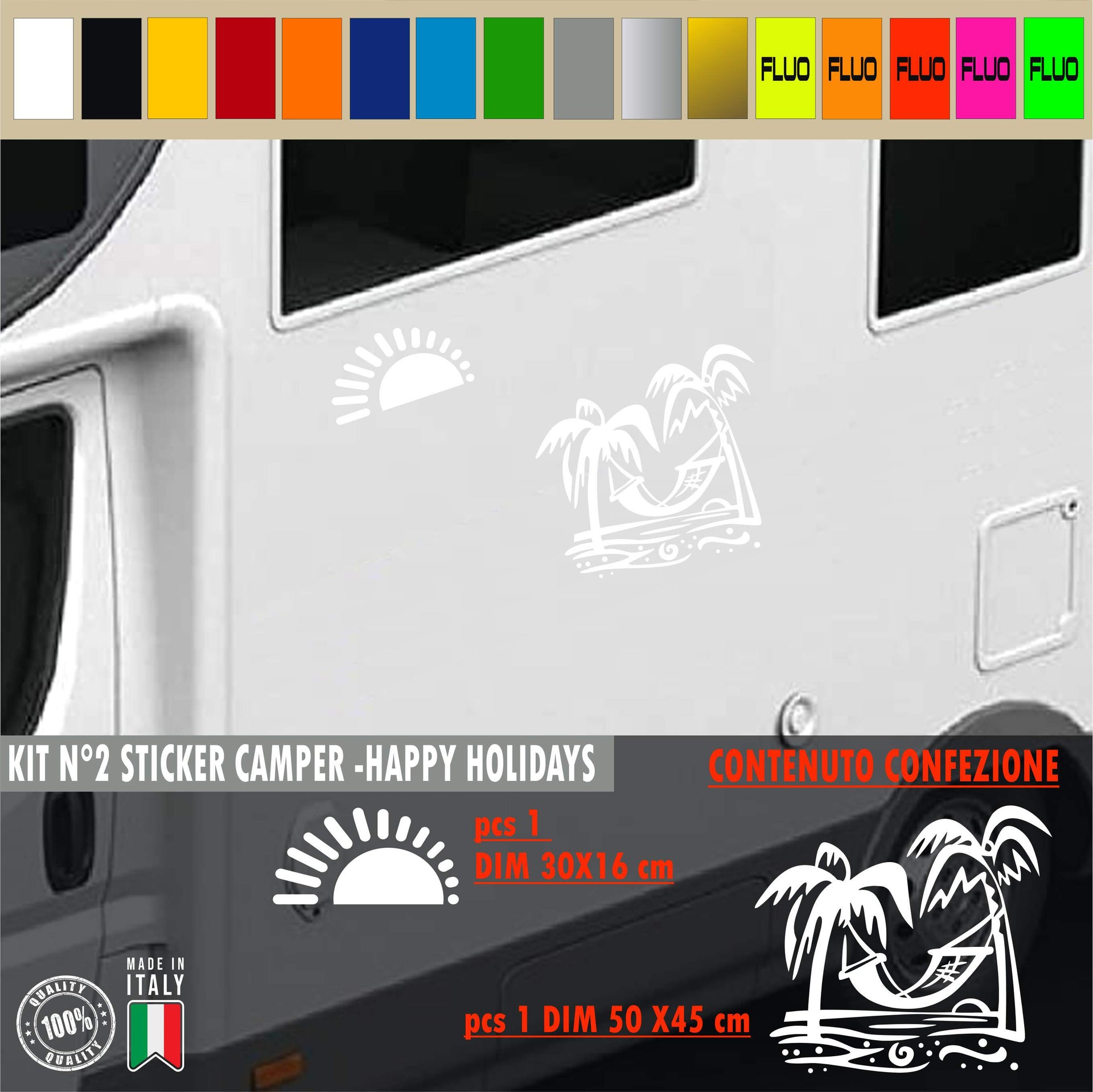 Kit 2 Adesivi camper MARE SOLE PALMA RELAX TENDA caravan roulotte camper accessori cod.1838