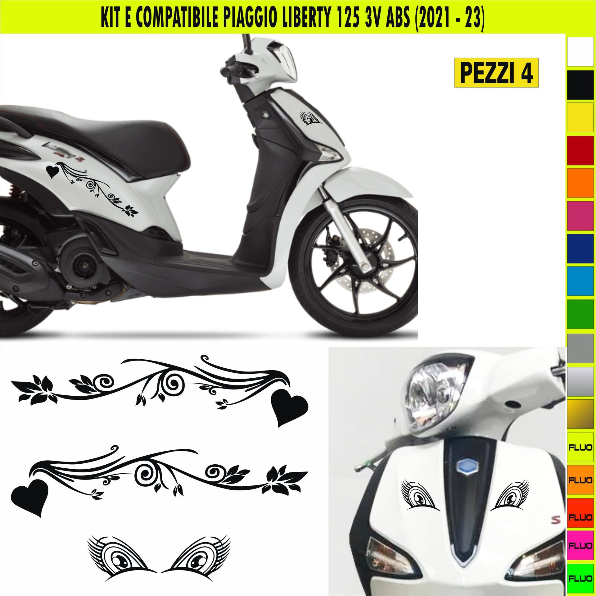 Kit G Grafiche CUORI LOVE OCCHI COMPLETE compatibili per PIAGGIO LIBERTY 125 ABS in moltissimi colori anche FLUO Cod.2066