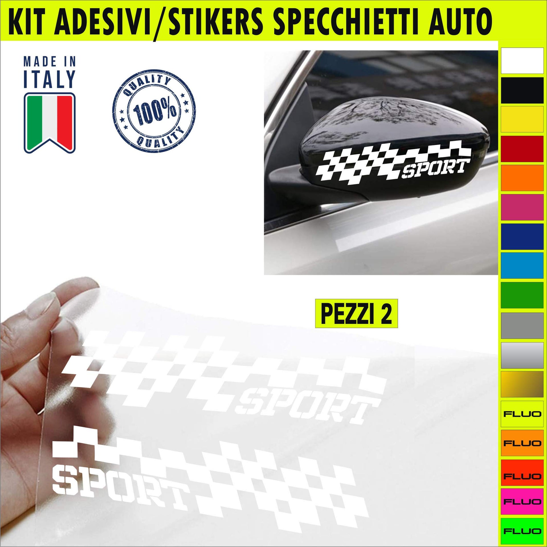 Set 2 Adesivi SCACCHI SPORT SPECCHIETTI ESTERNI AUTO-CAR universali disponibili in moltissimi colori ANCHE FLUO Cod.2206