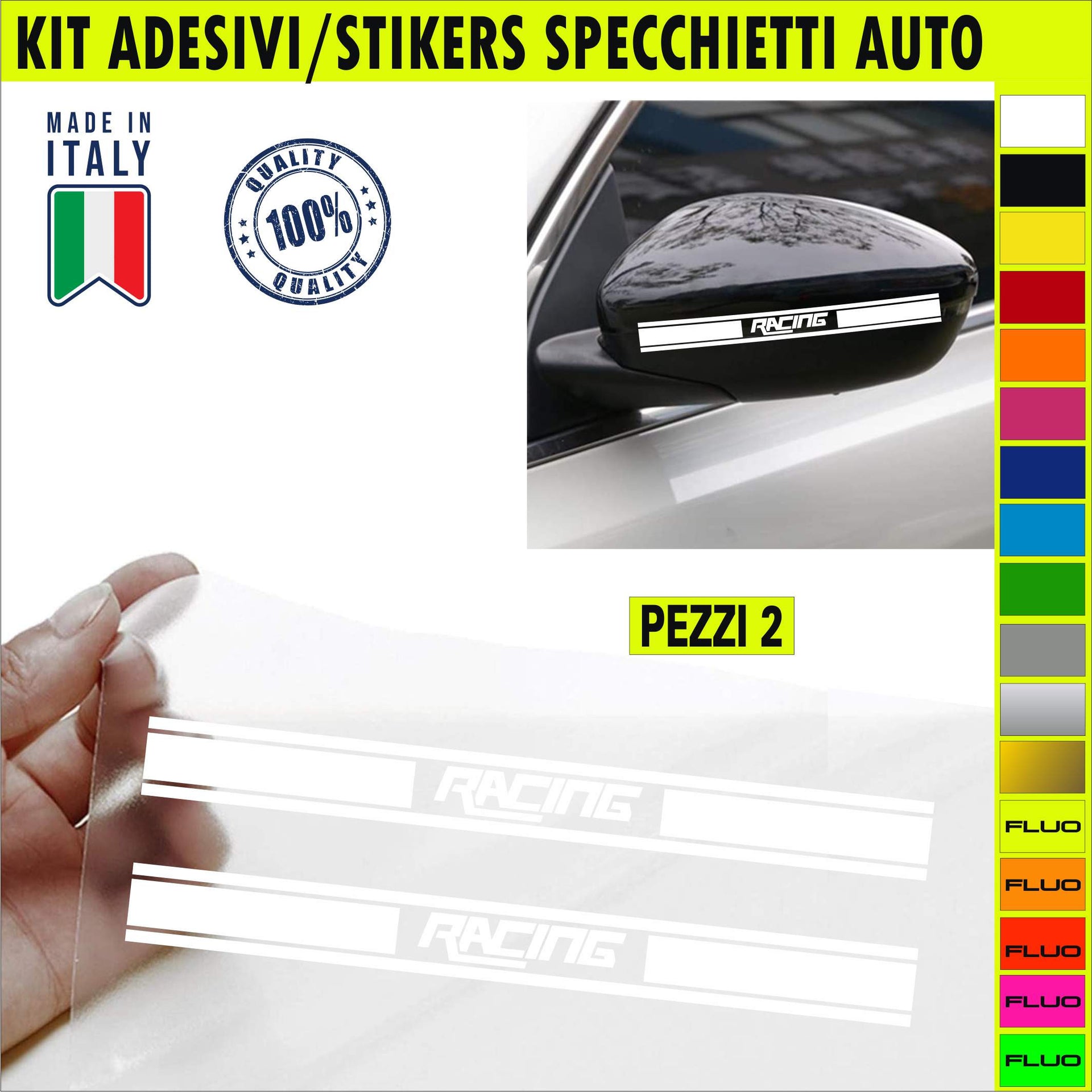 Set 2 Adesivi racing SPECCHIETTI ESTERNI AUTO-CAR universali disponibili in moltissimi colori ANCHE FLUO Cod.2207