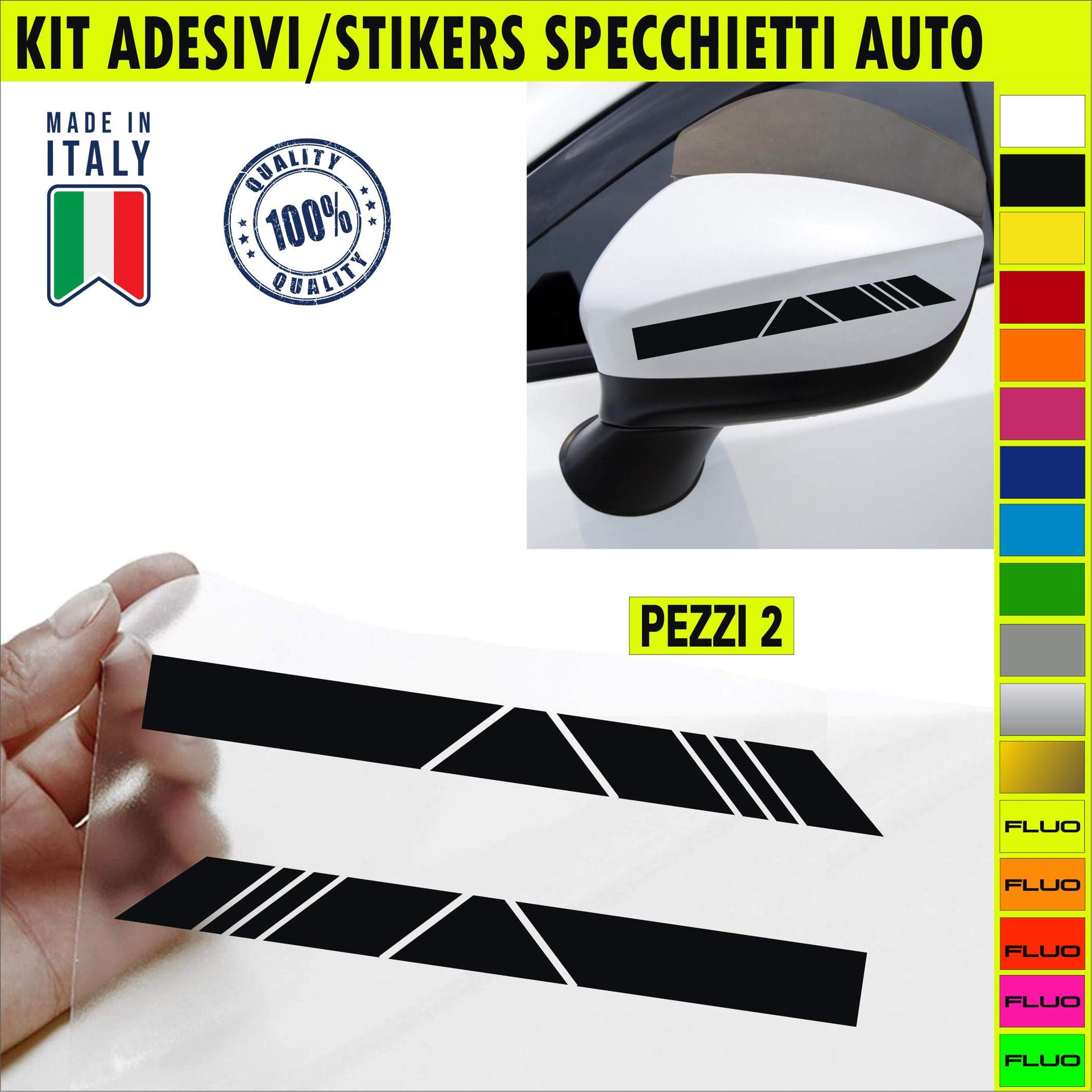 Set 2 Adesivi FASCIA RACING SPECCHIETTI ESTERNI AUTO-CAR universali disponibili in moltissimi colori ANCHE FLUO Cod.2210