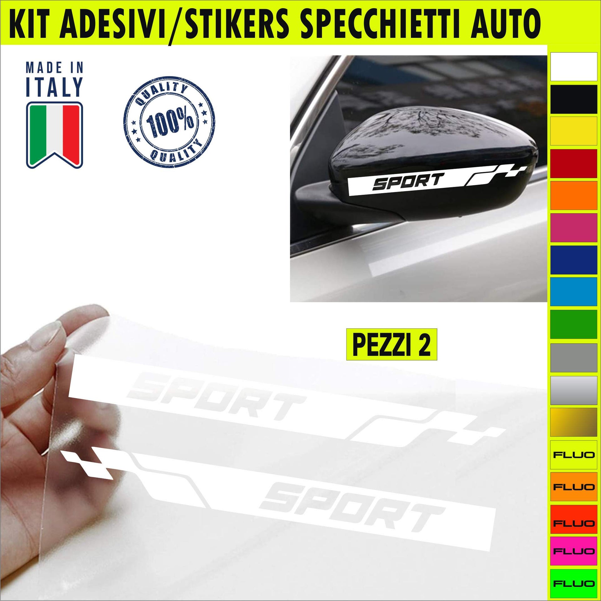 Set 2 Adesivi SPORT SPEED SPECCHIETTI ESTERNI AUTO-CAR universali disponibili in moltissimi colori ANCHE FLUO Cod.2211