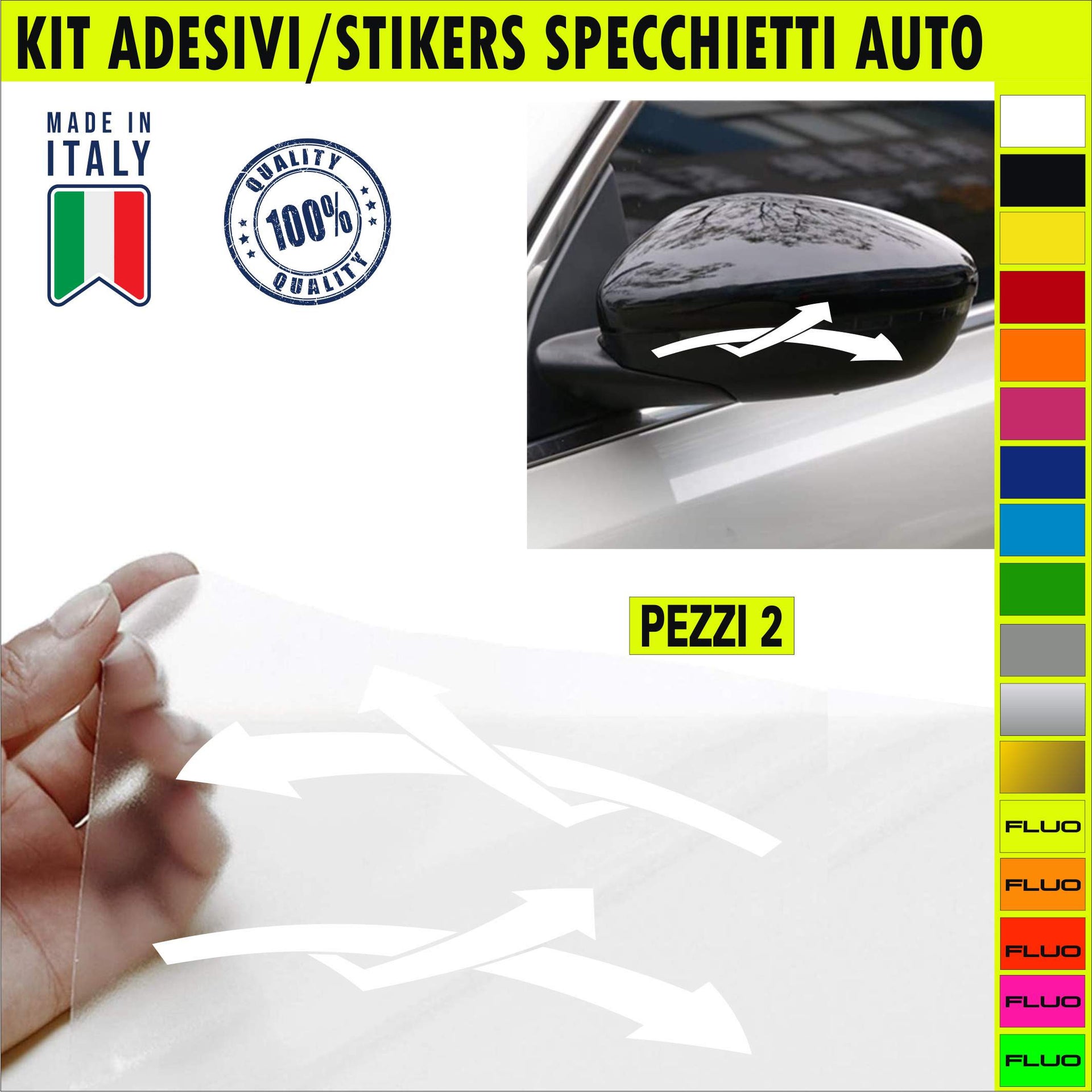 Set 2 Adesivi Fasce freccia SPECCHIETTI ESTERNI AUTO-CAR universali disponibili in moltissimi colori ANCHE FLUO Cod.2216