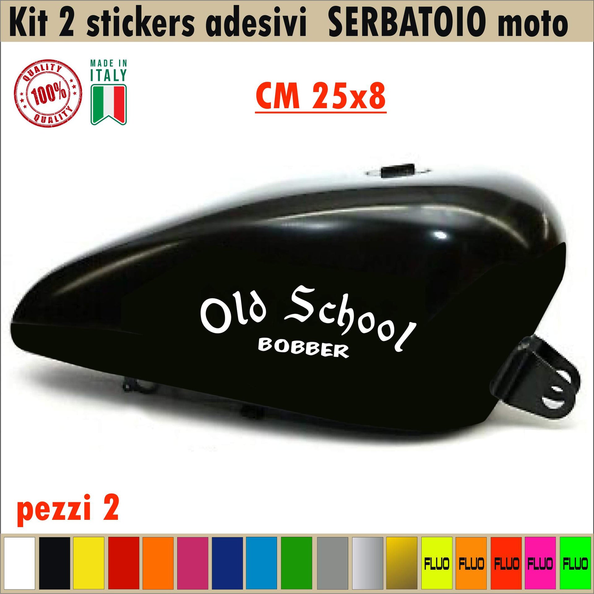 Kit 2 Adesivi/Grafiche SERBATOIO OLD SCHOOLD bobber moto chopper harley vintage disponibile in molt. colori ANCHE FLUO Cod.1665