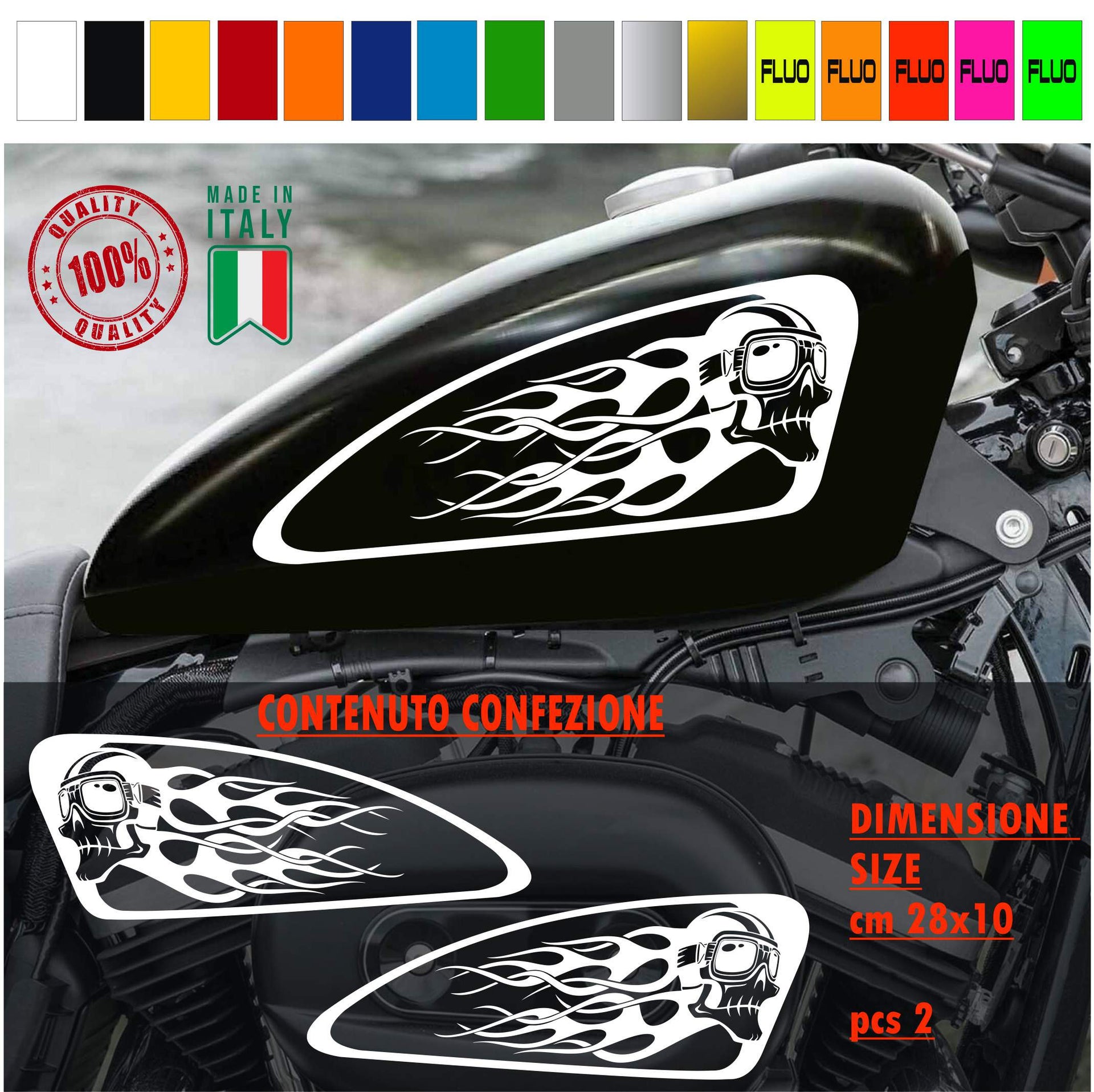 Kit 2 Adesivi/Grafiche SERBATOIO FIAMME TESCHIO VINTAGE moto chopper harley disp. in moltissimi colori ANCHE FLUO Cod.1783