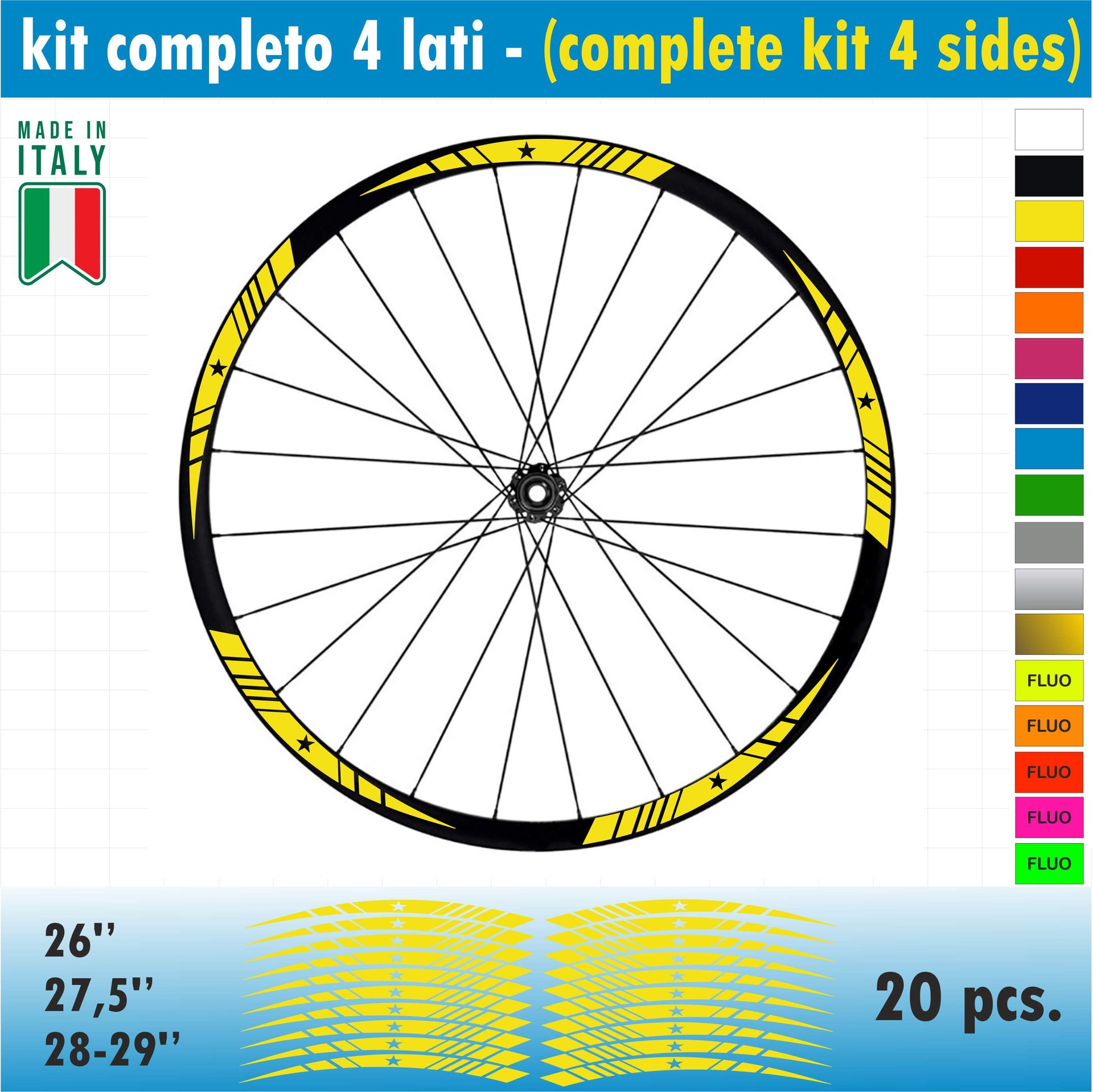 Kit adesivi per Cerchi Bici 26 - 27,5 - 28- 29 Pollici Ruota MTB Mountain Bike vari colori ANCHE FLUO Cod.MTB002