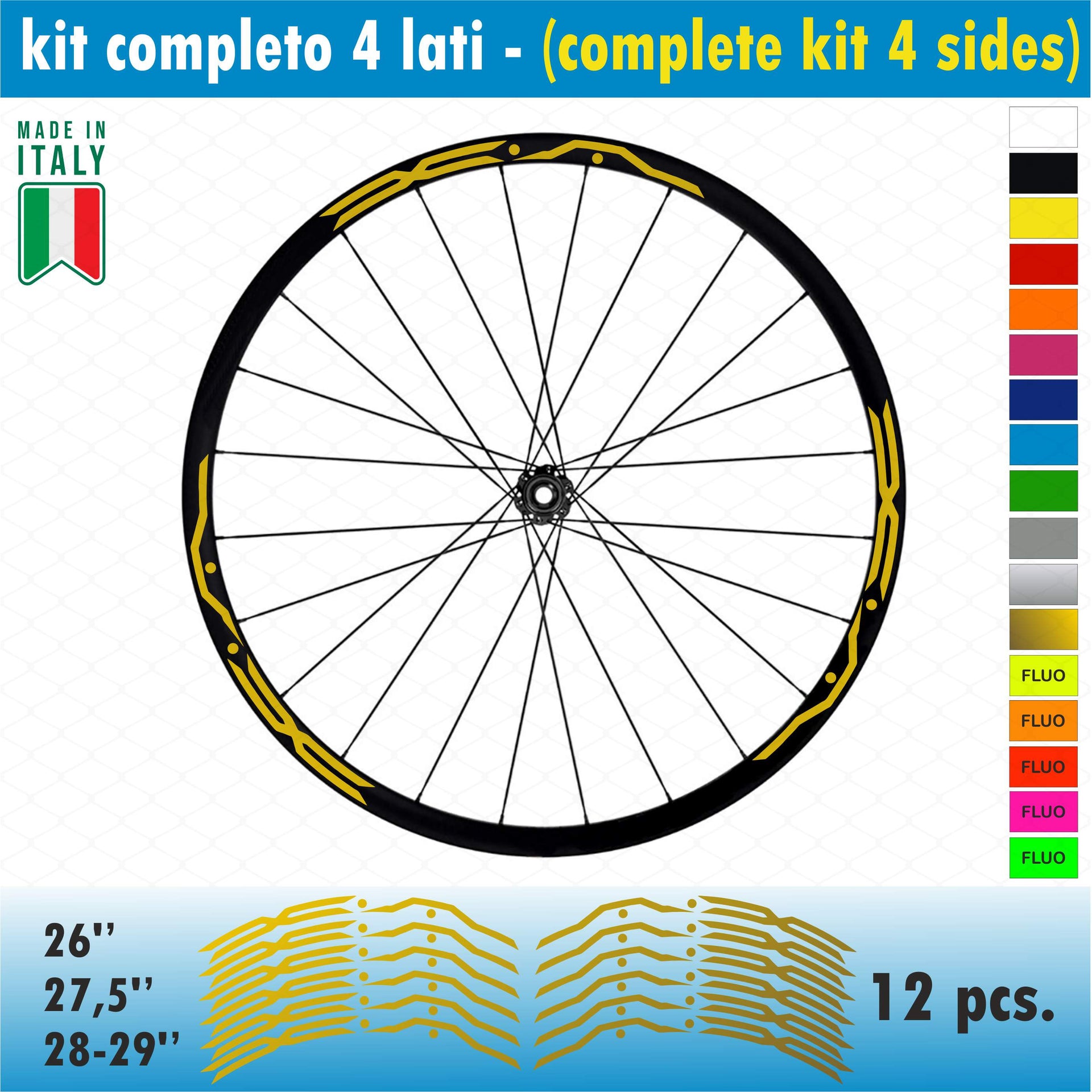 Kit adesivi per Cerchi Bici 26 - 27,5 - 28- 29 Pollici Ruota MTB Mountain Bike vari colori ANCHE FLUO Cod.MTB010