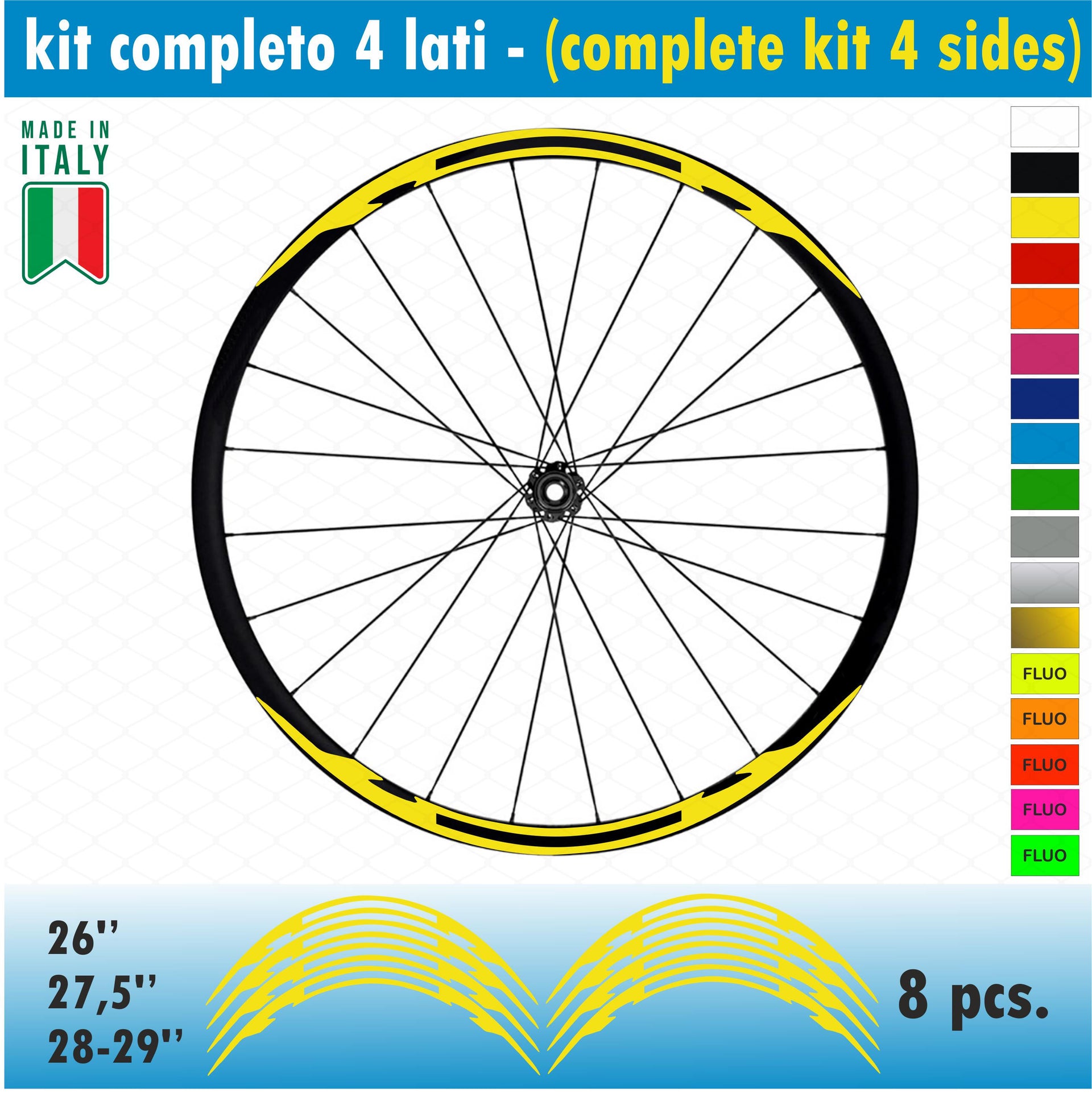 Kit adesivi per Cerchi Bici 26 - 27,5 - 28- 29 Pollici Ruota MTB Mountain Bike vari colori ANCHE FLUO Cod.MTB015