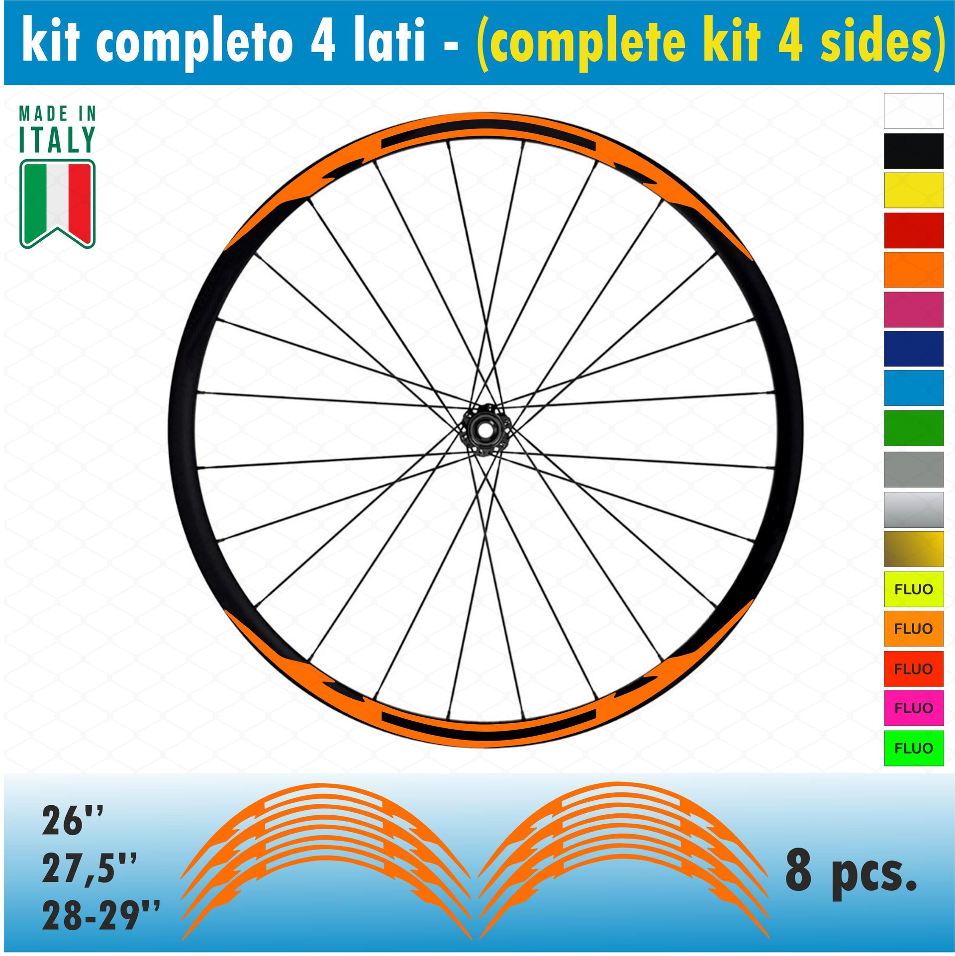 Kit adesivi per Cerchi Bici 26 - 27,5 - 28- 29 Pollici Ruota MTB Mountain Bike vari colori ANCHE FLUO Cod.MTB015