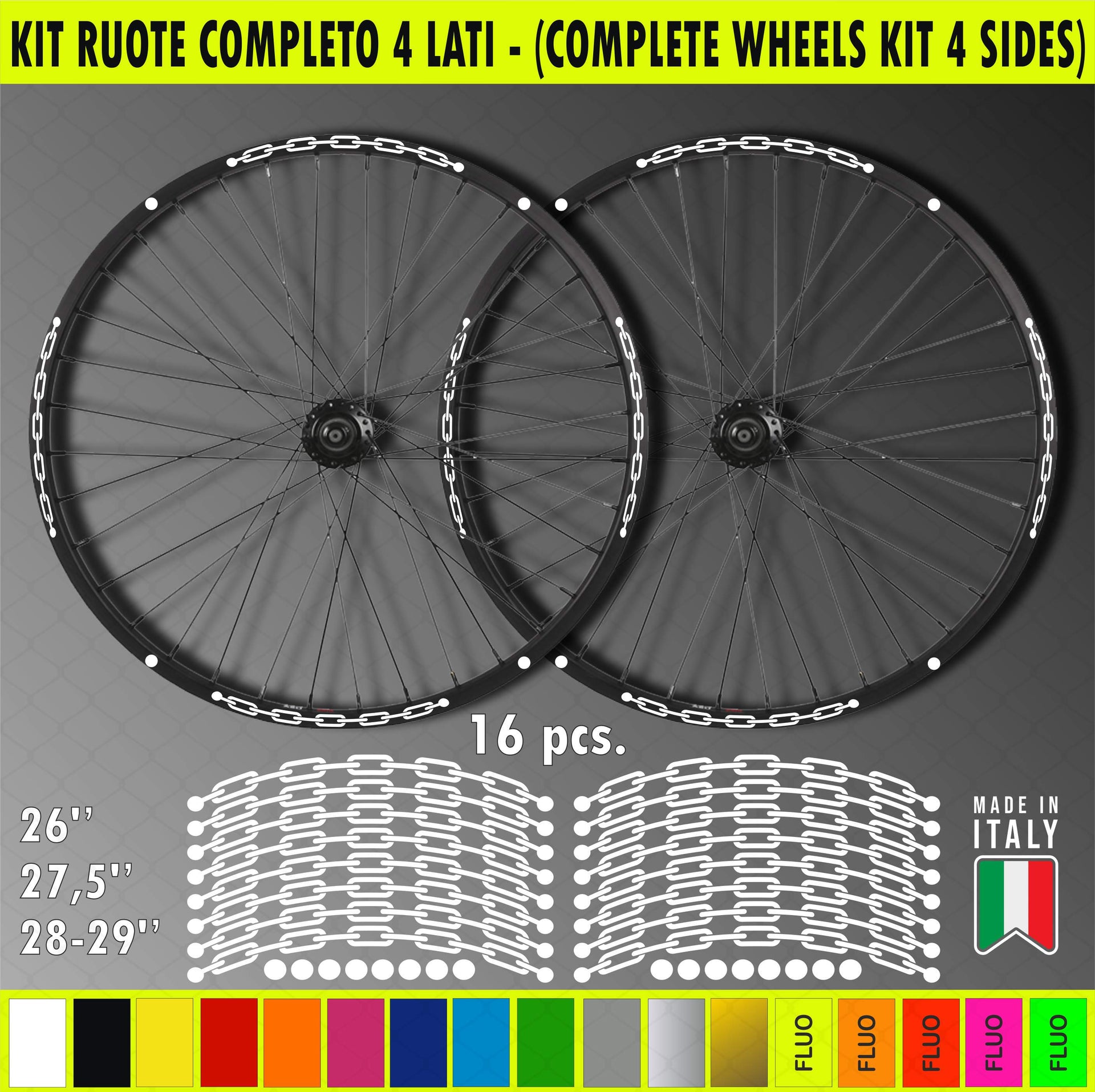 Kit adesivi per Cerchi Bici 26 - 27,5 - 28- 29 Pollici Ruota MTB Mountain Bike vari colori ANCHE FLUO Cod.MTB023