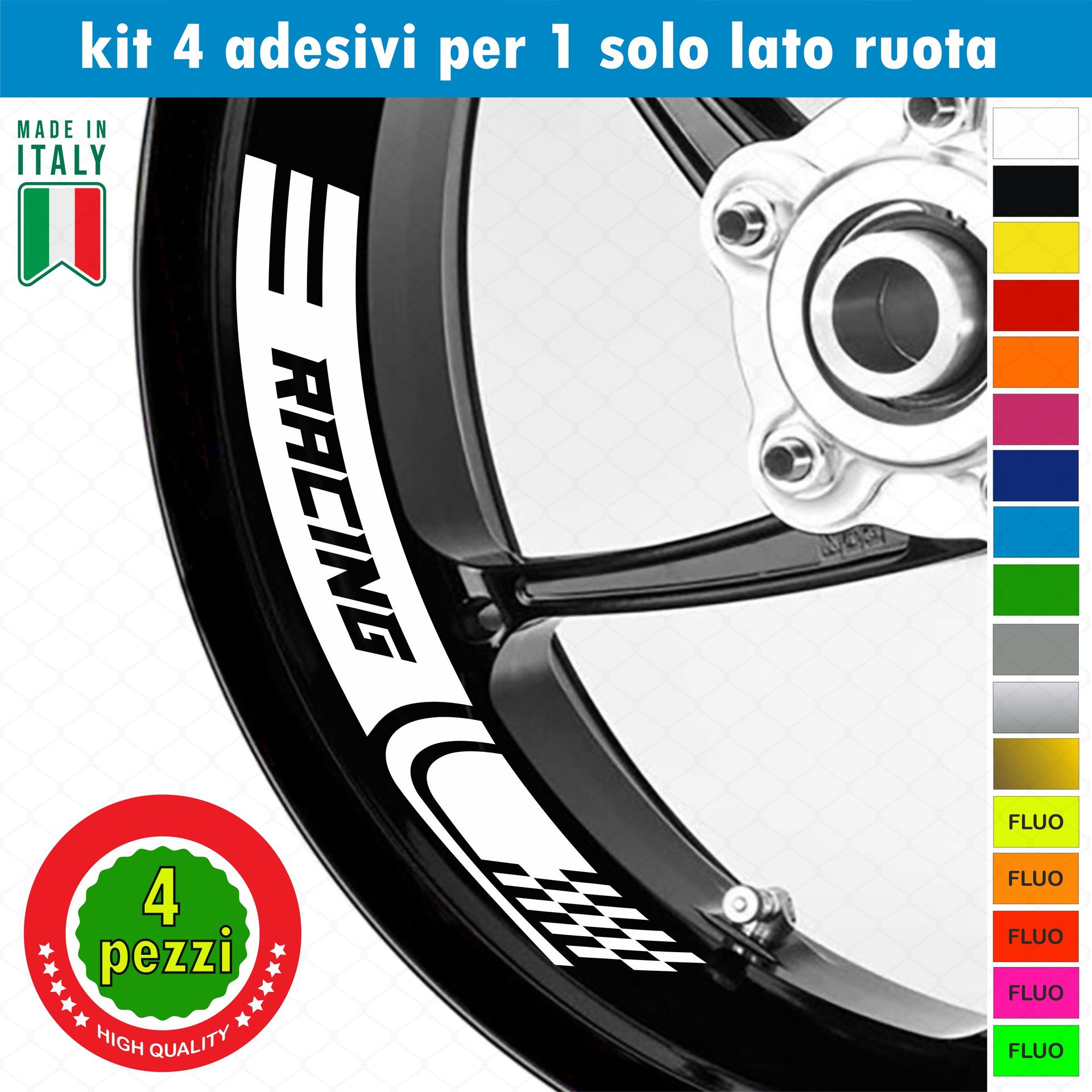 Kit 4 adesivi interno Cerchi Moto bordo interno racing wheels ruote 17 Pollici inner rim vari colori ANCHE FLUO Cod. INT03