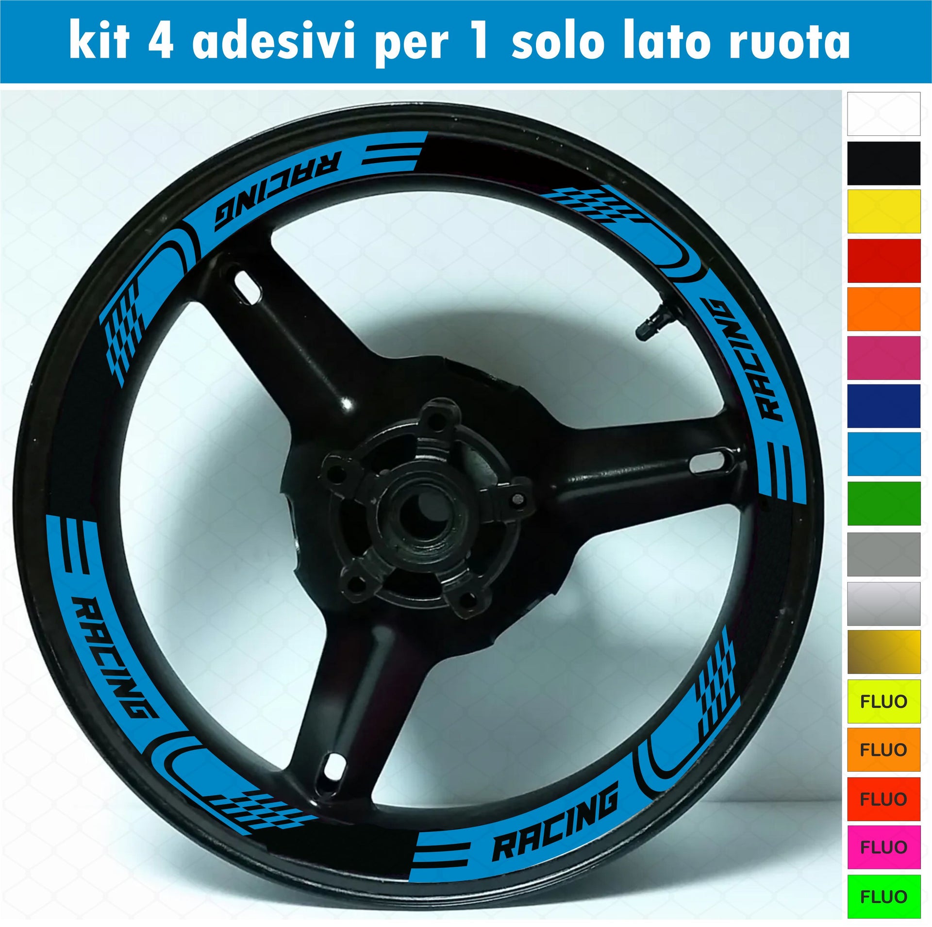 Kit 4 adesivi interno Cerchi Moto bordo interno racing wheels ruote 17 Pollici inner rim vari colori ANCHE FLUO Cod. INT03