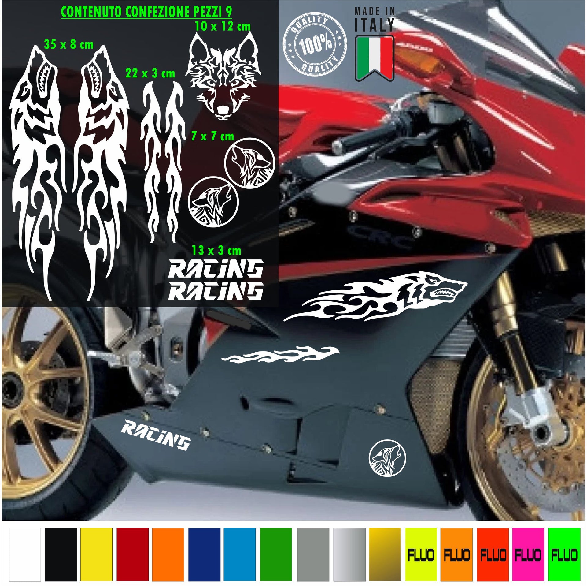 Kit Adesivi moto universali RACING LUPO compatibile per Yamaha Suzuki Honda Kawasaki Ducati chopper harley vintage Cod.1870