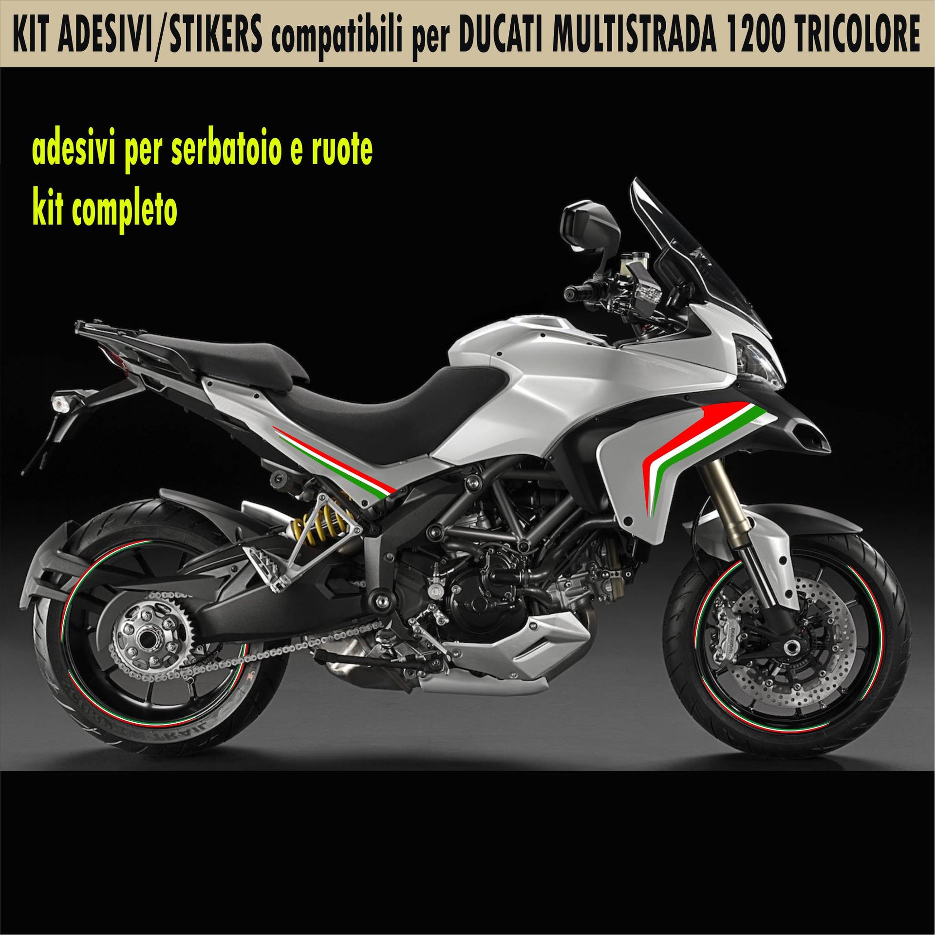 Kit adesivi grafica completa (moto e ruote) compatibile con DUCATI MULTISTRADA 1200 tricolore Cod. 1772