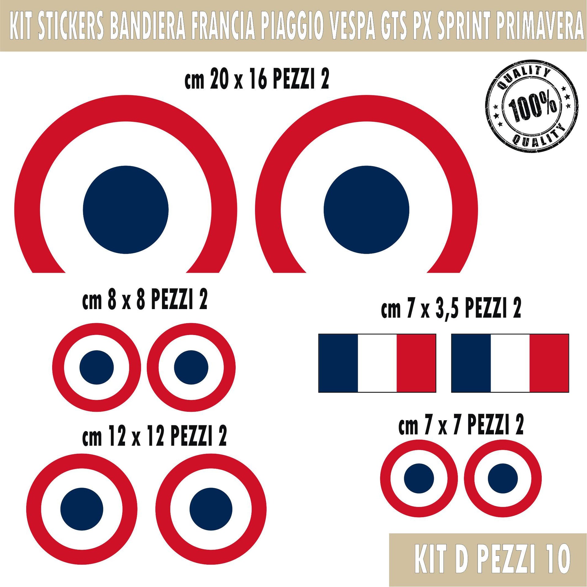 Kit grafica 10 adesivi completi bandiera Francia compatibile con PIAGGIO VESPA GTV GTS P150 primavera sprint cod.2123