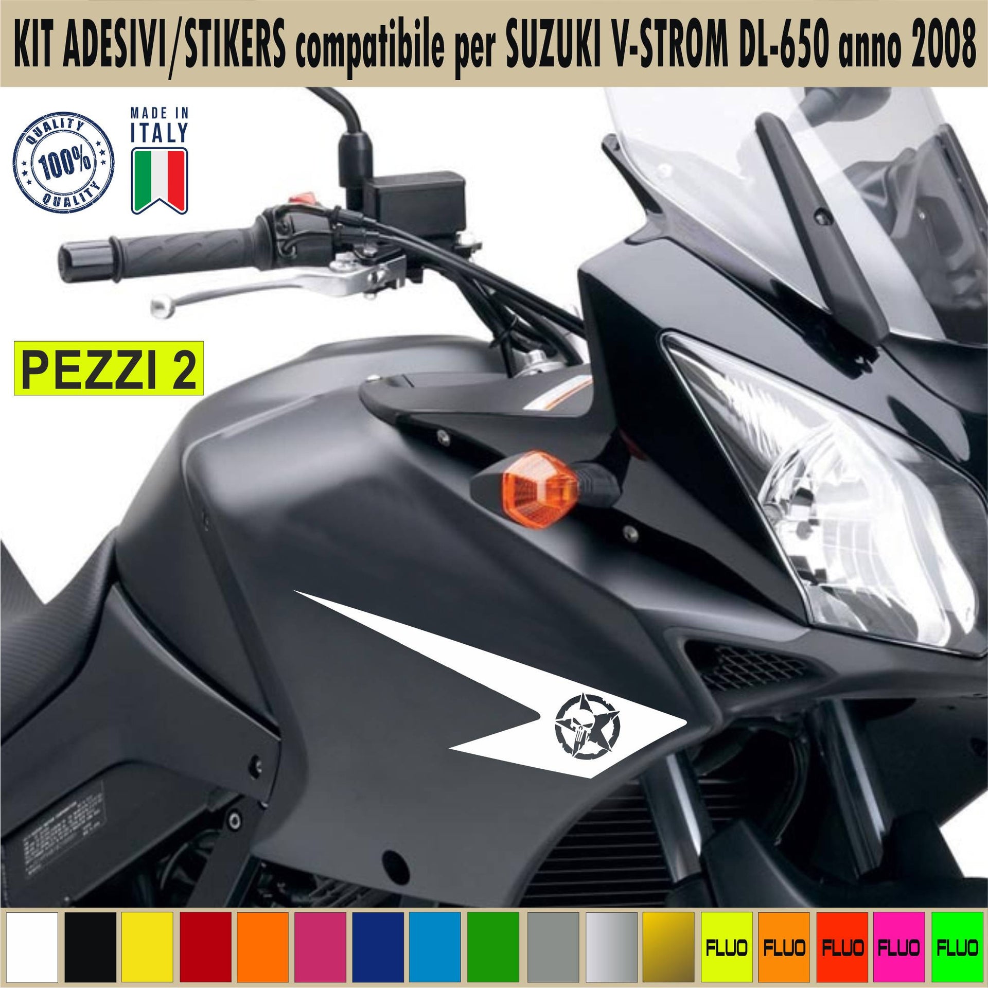 Kit 2 Adesivi moto teschio stella militare fascia compatibili per SUZUKI V-STROM DL-650 anno 2008 vintage Cod.1771