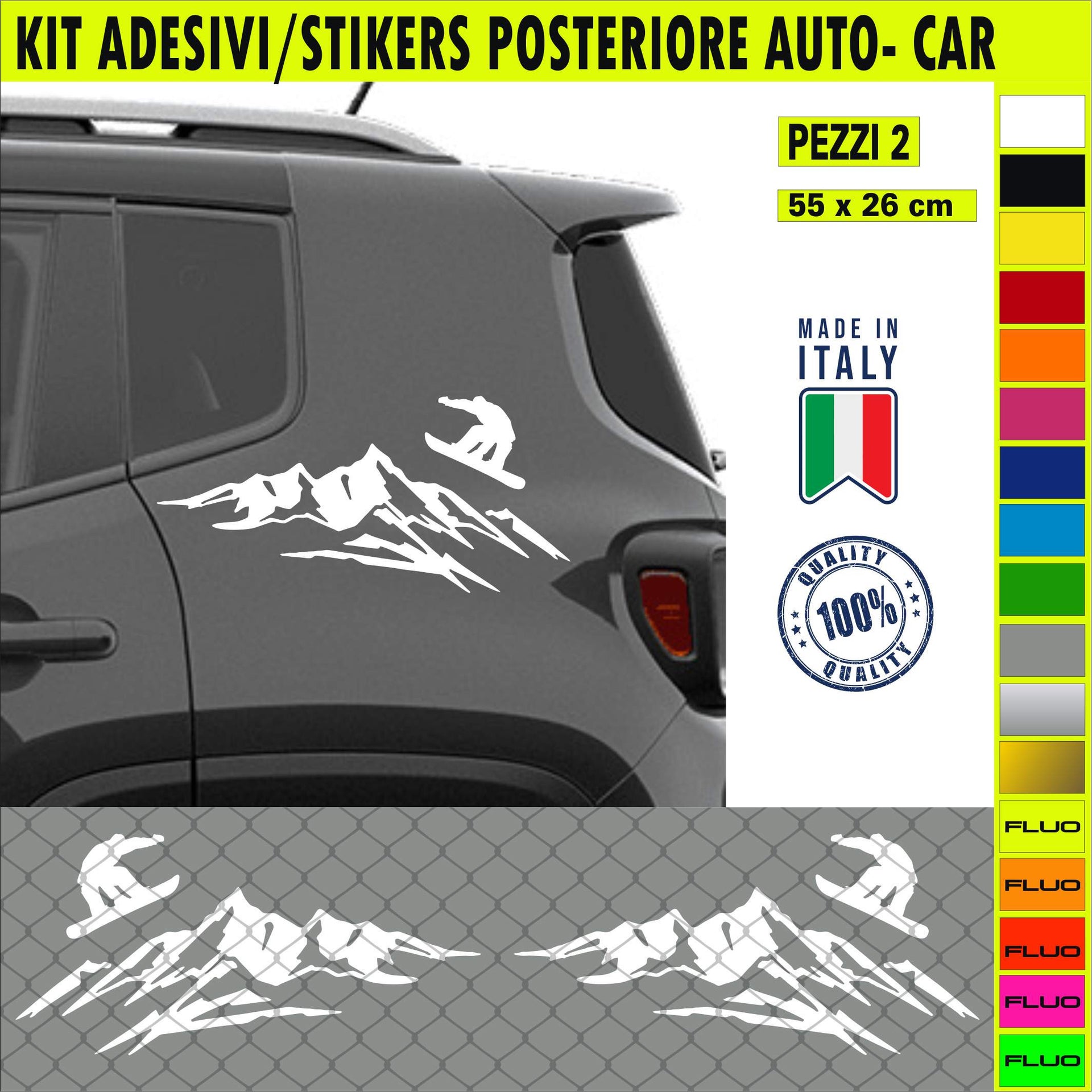 Kit 2 adesivi portiera retro MONTAGNA SNOWBOARD NEVE compatibile Renegade wrangler 4x4 Cod.2347