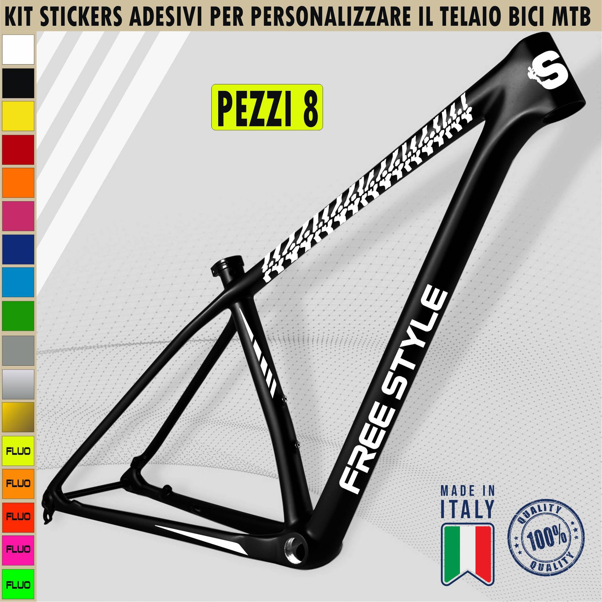 Kit 8 Adesivi Bici Universale Telaio MTB Mountain Bike Corsa Cross Fat Bike Downhill FREE STYLE SGOMMATA cod.2405