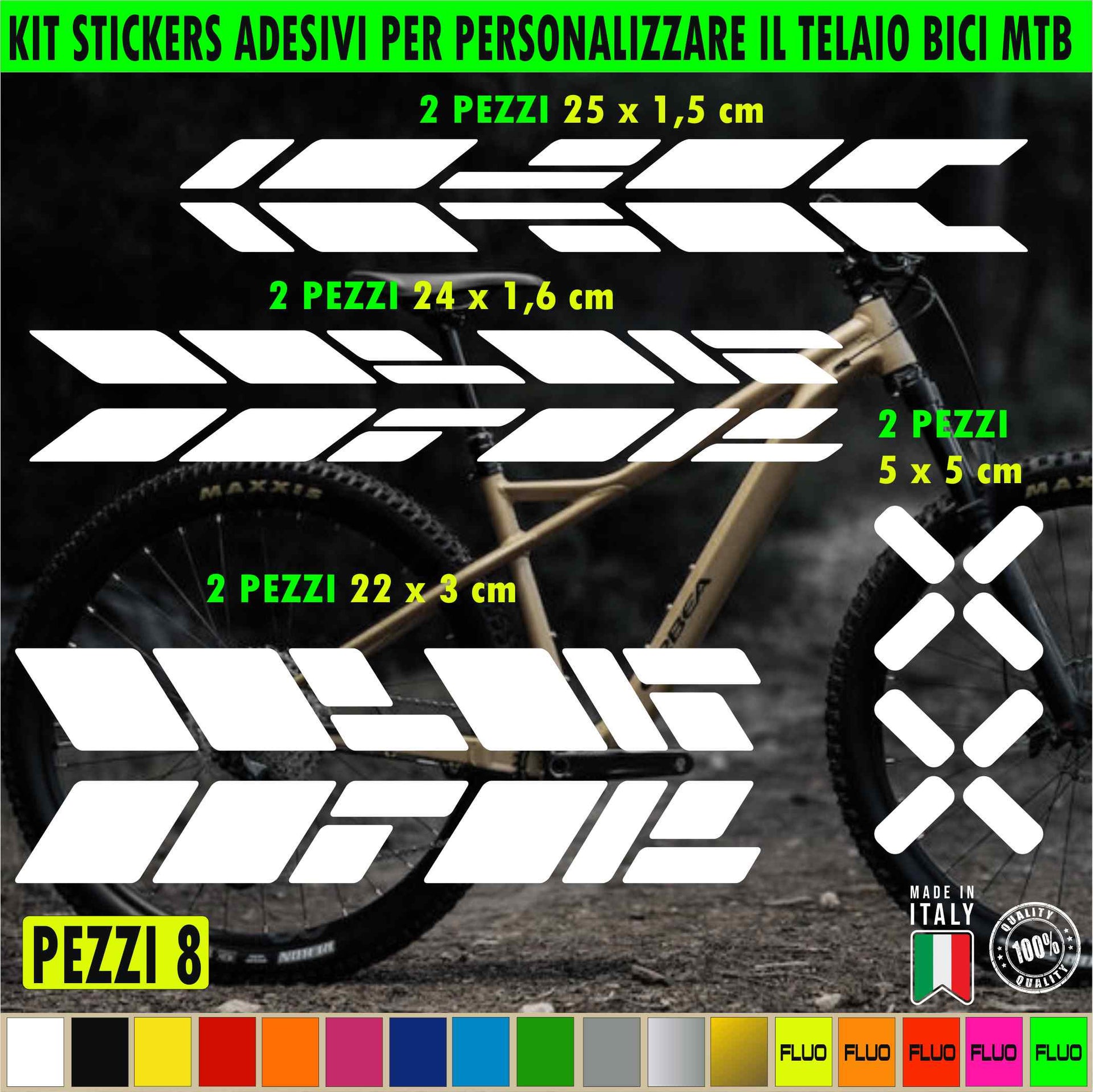 Grafiche 8 adesivi per TELAIO BICI MTB Mountain Bike adattabili a tutti i telai, vari colori ANCHE FLUO Cod.2183