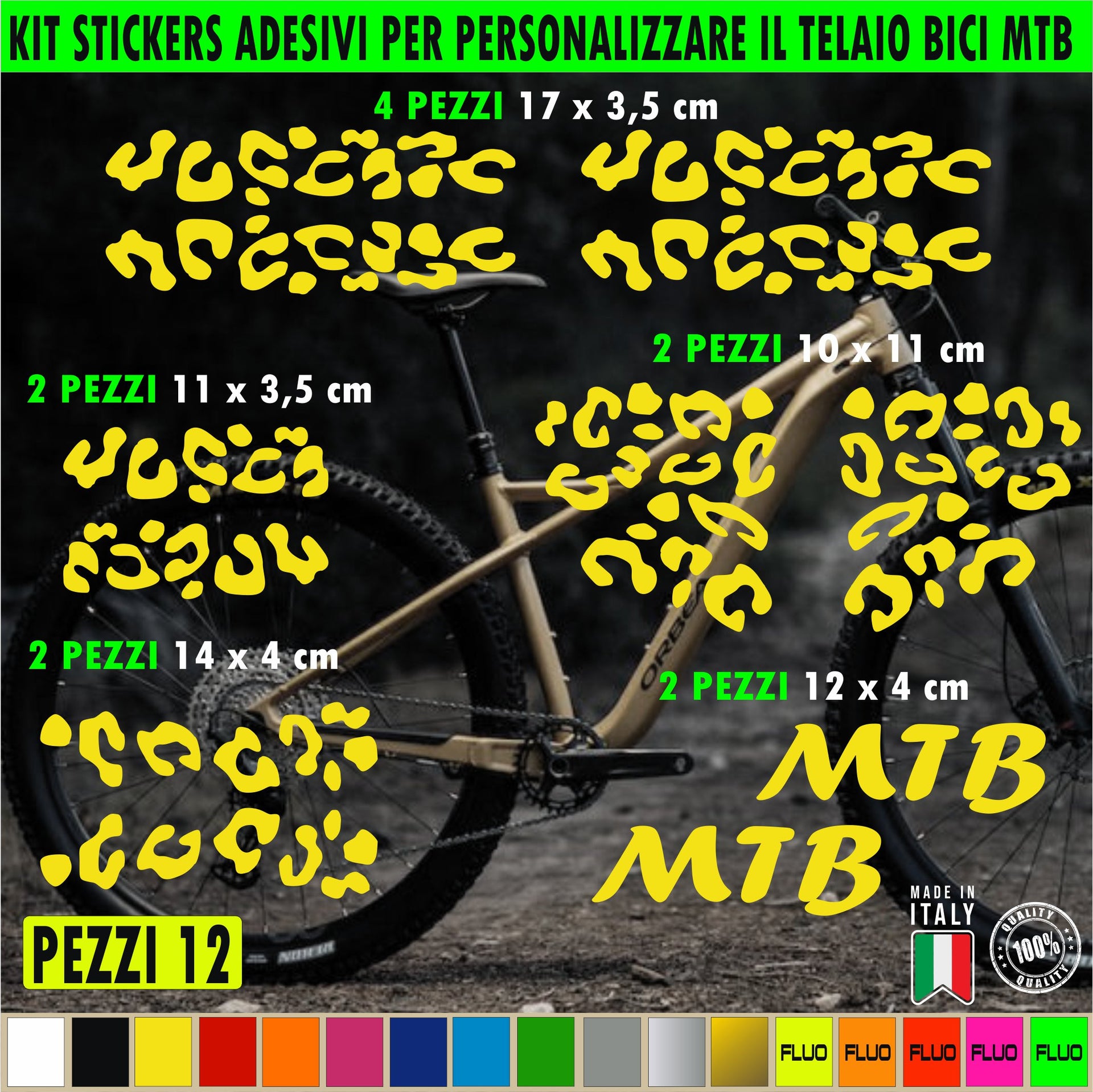 Grafiche 12 adesivi per TELAIO BICI MTB Mountain Bike adattabili a tutti i telai, vari colori ANCHE FLUO Cod.2191