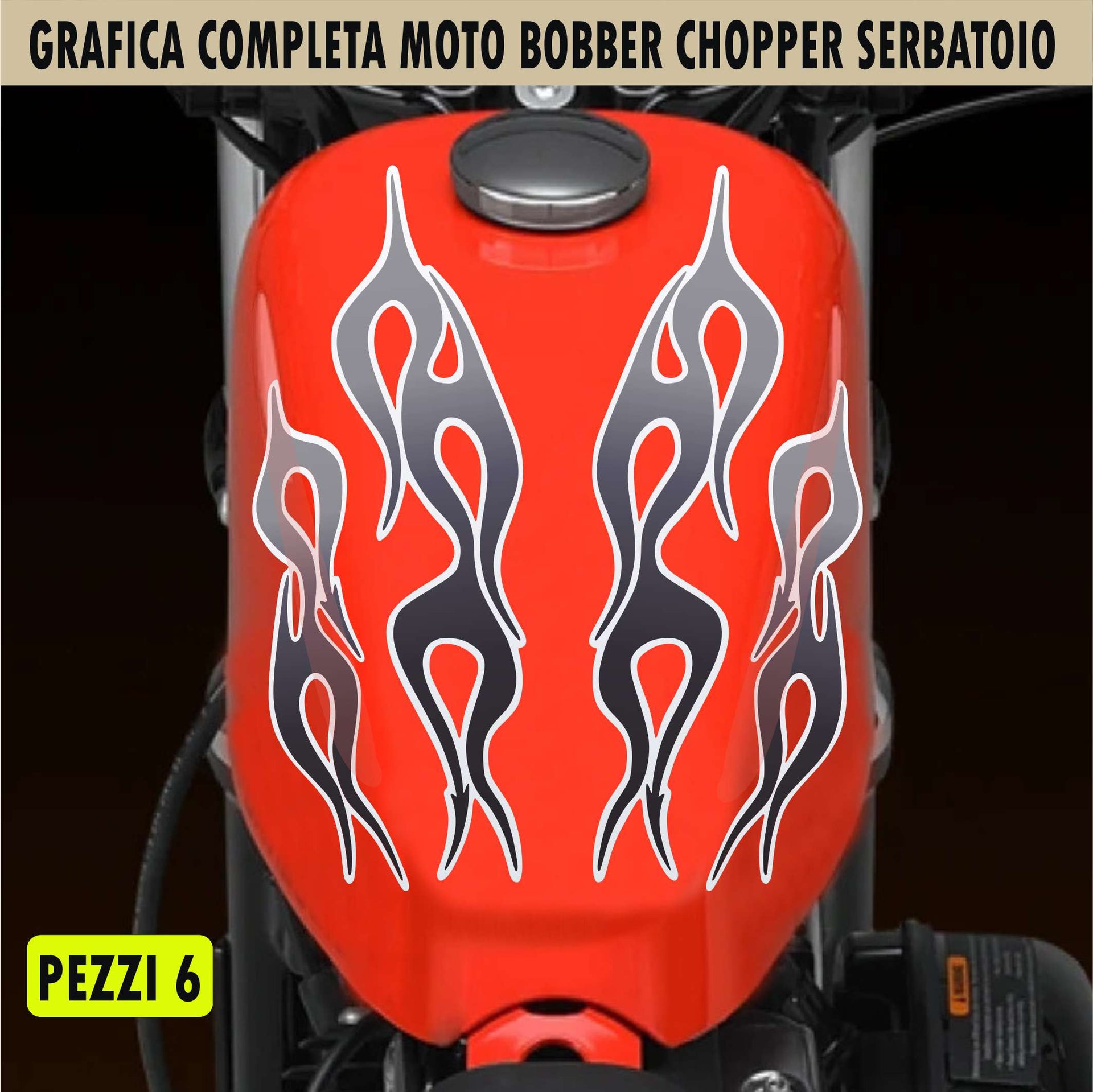 Kit 6 Adesivi SERBATOIO e PARAFANGO moto fiamme fire grigio custom bobber chopper shadow rebel vulcan boulevard harley Cod.2453