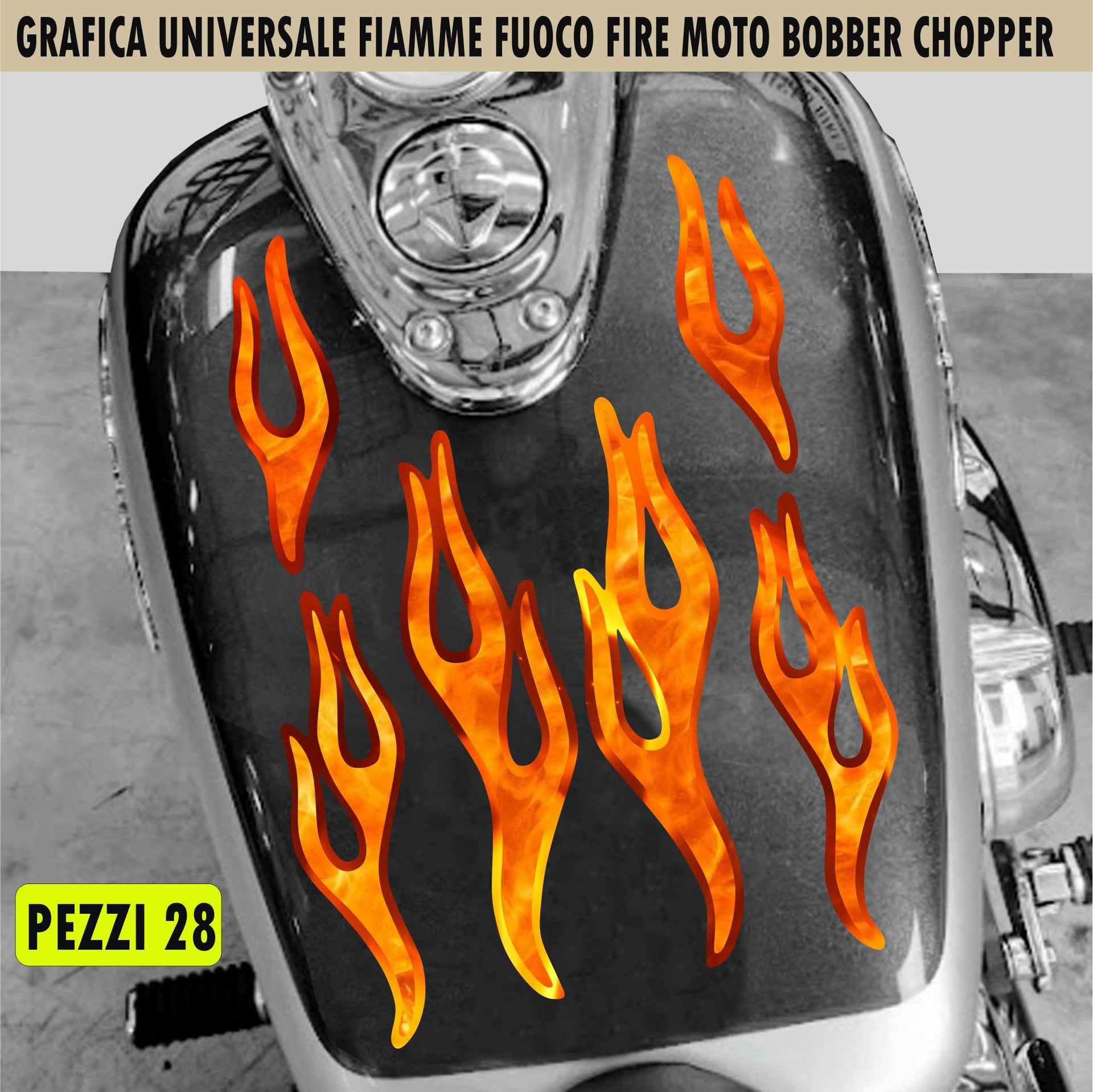 Kit 28 Adesivi SERBATOIO e PARAFANGO moto FIAMME INFUOCATE FUOCO FIRE custom bobber chopper shadow rebel vulcan harley Cod.2454