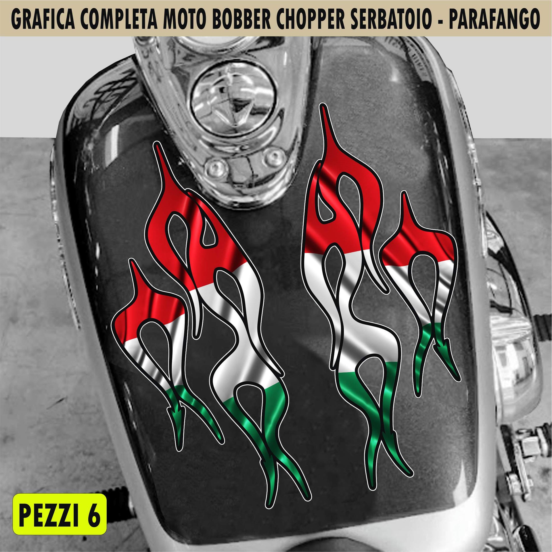 Kit 6 Adesivi SERBATOIO e PARAFANGO BANDIERA ITALIA TRICOLORE moto custom bobber chopper rebel vulcan boulevard harley Cod.2463