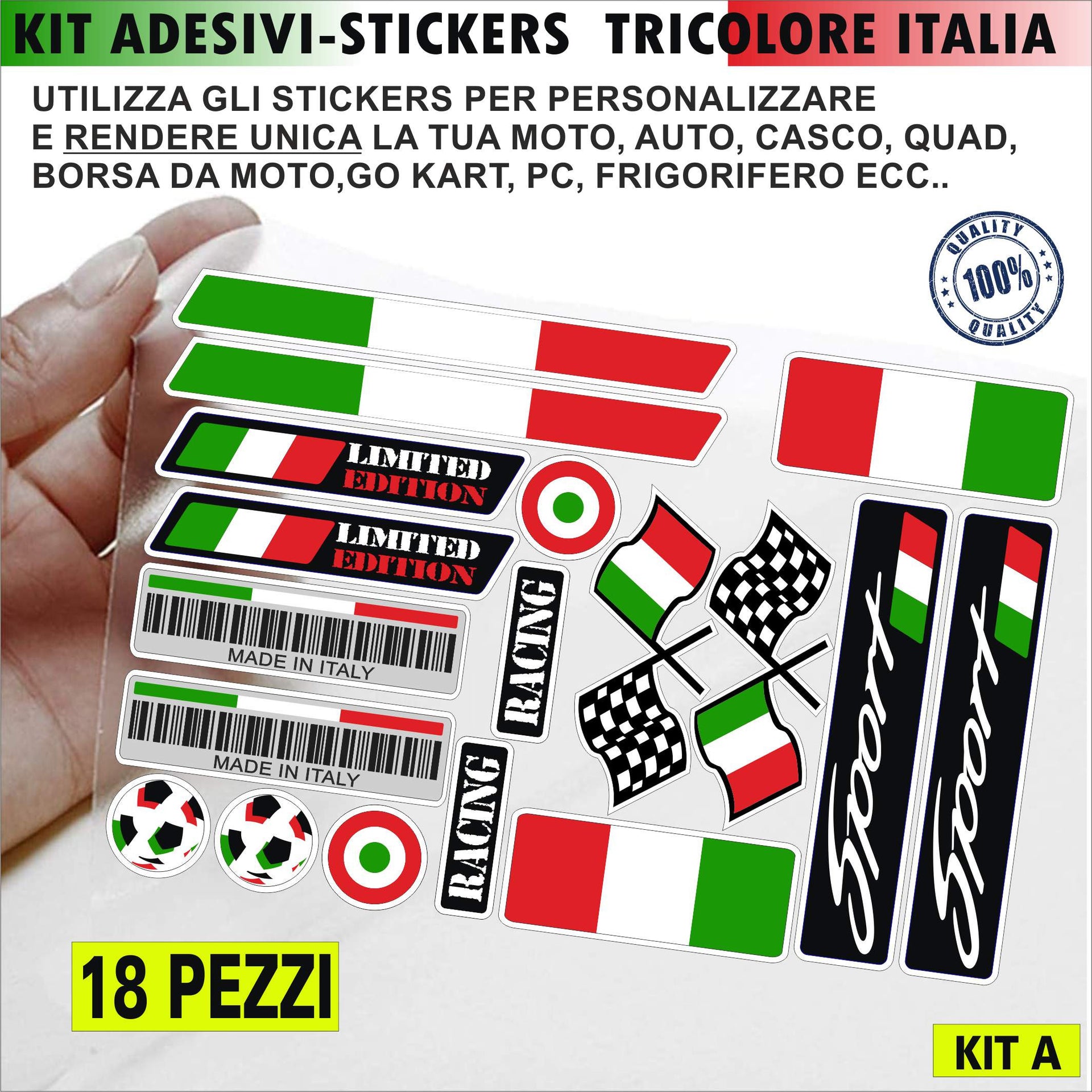 ITALIA TRICOLORE Kit 18 Adesivi ITALIA bandiera moto auto casco quad portatile scooter decalcomania stickers cod.2198