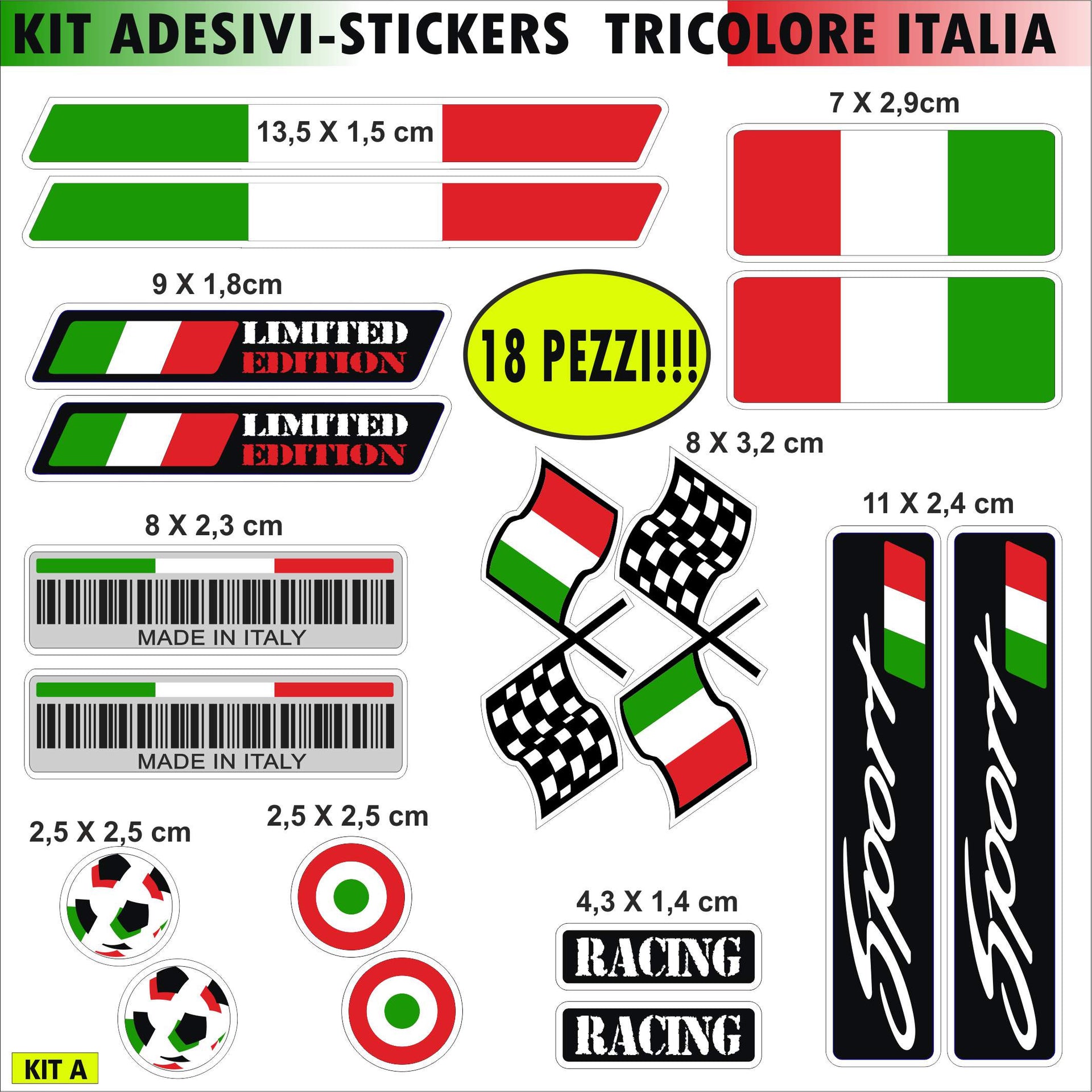 ITALIA TRICOLORE Kit 18 Adesivi ITALIA bandiera moto auto casco quad portatile scooter decalcomania stickers cod.2198