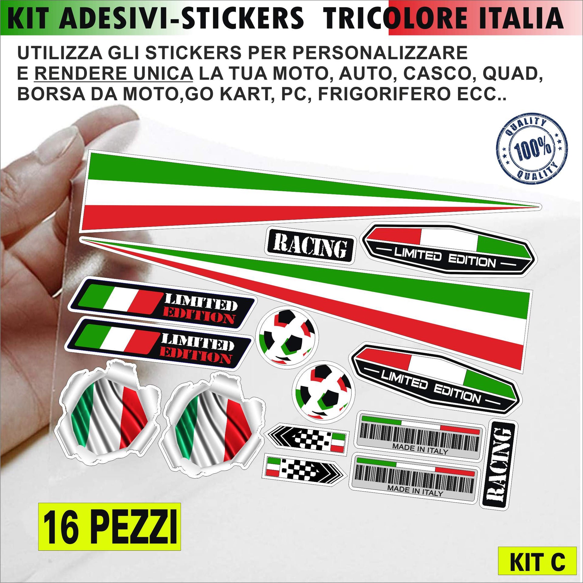 ADESIVI ITALIA TRICOLORE Kit 16 Adesivi ITALIA per MOTO CASCO VESPA SCOOTER AUTO universale decalcomania stickers cod.2200