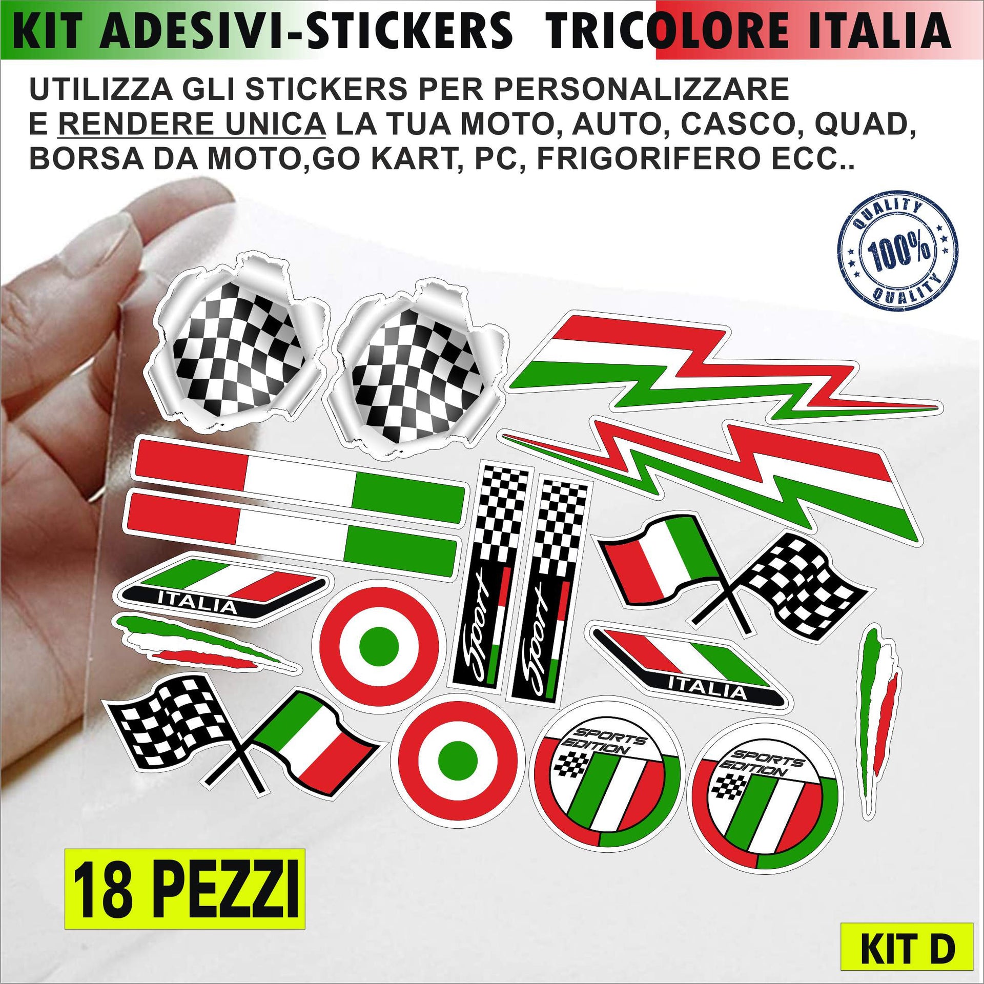 ADESIVI ITALIA TRICOLORE Kit 18 Adesivi bandiera sport edition ITALIA per MOTO CASCO VESPA SCOOTER AUTO stickers cod.2201