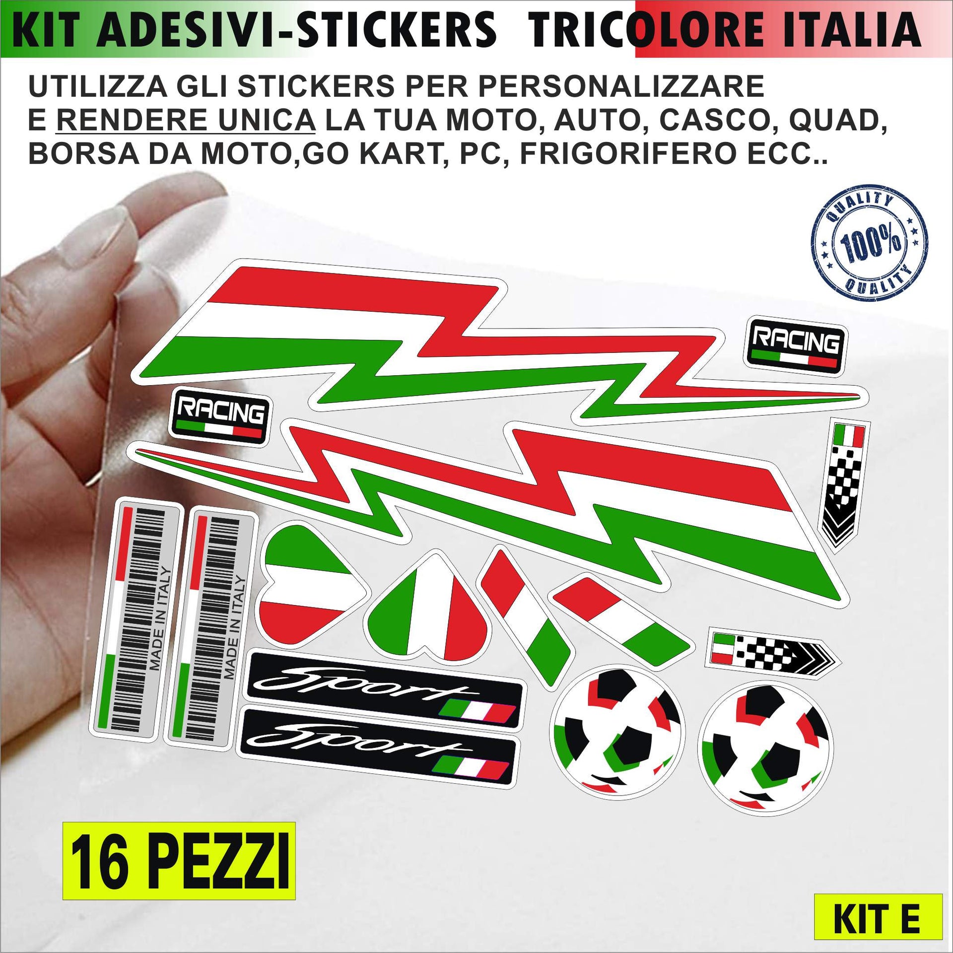 ADESIVI ITALIA TRICOLORE Kit 16 Adesivi ITALIA SPORT CUORE per MOTO CASCO VESPA SCOOTER AUTO decalcomania stickers cod.2202